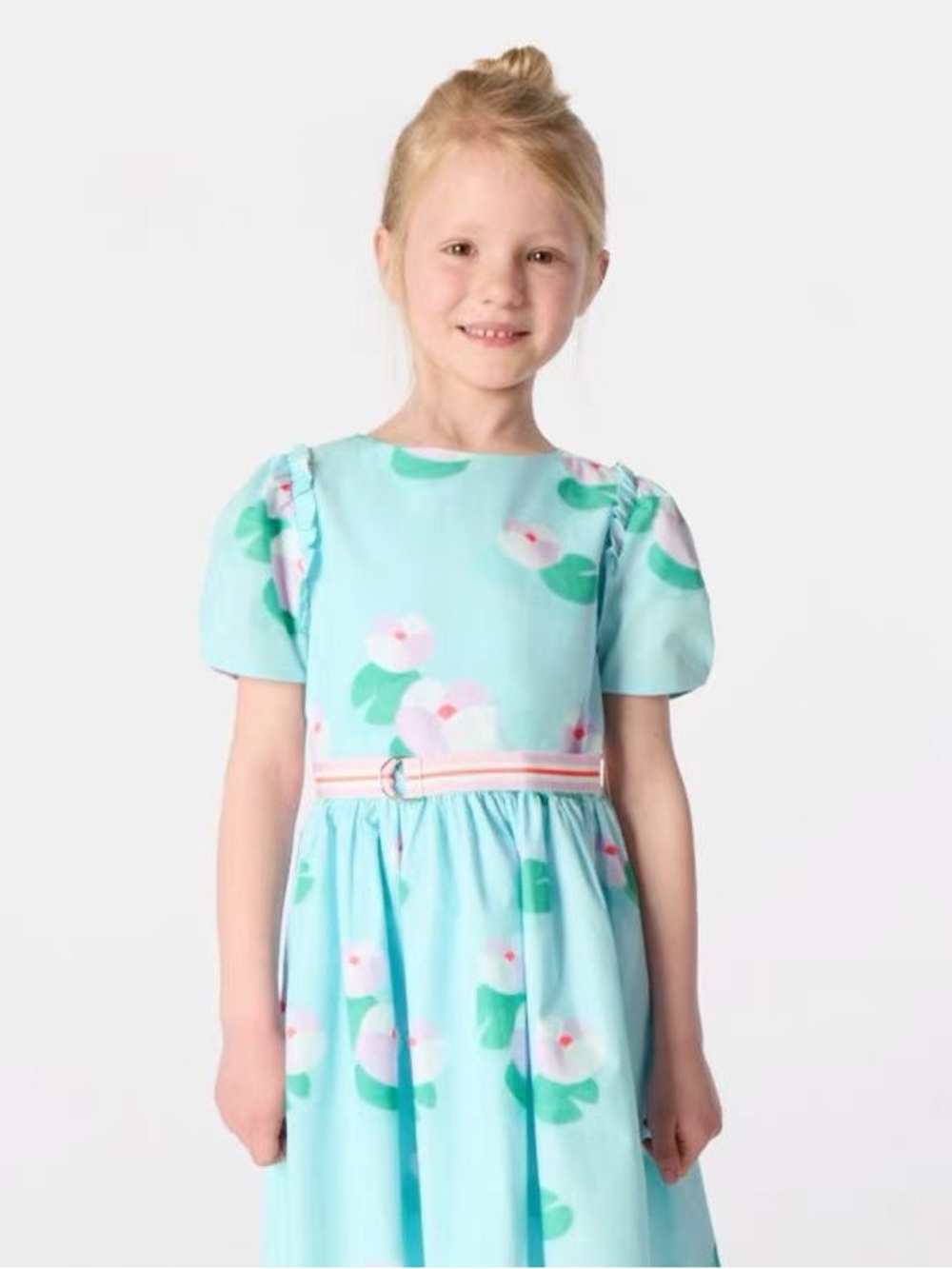Jacadi Girl Aqua Floral Balloon-Sleeve Dress